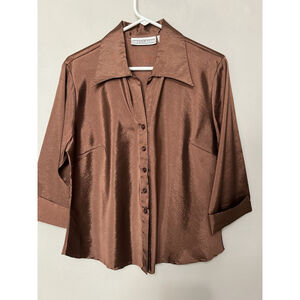 Vintage Career Workwear Fall Metallic‎ Chocolate Brown Button Up Blouse M